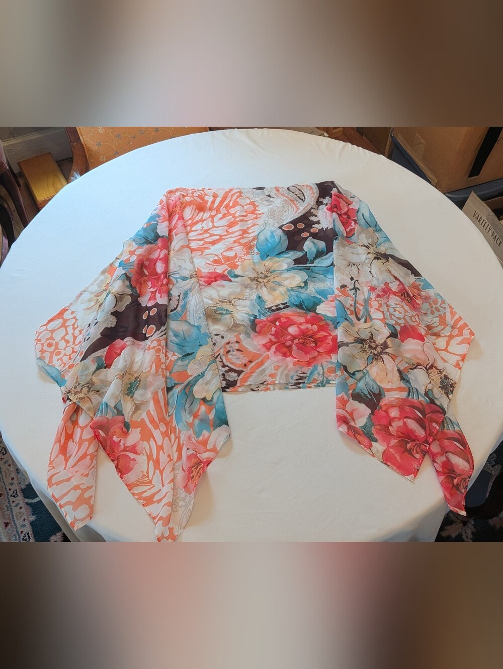 Floral Sheer Scarf Poncho Top in Coral and Turquoise